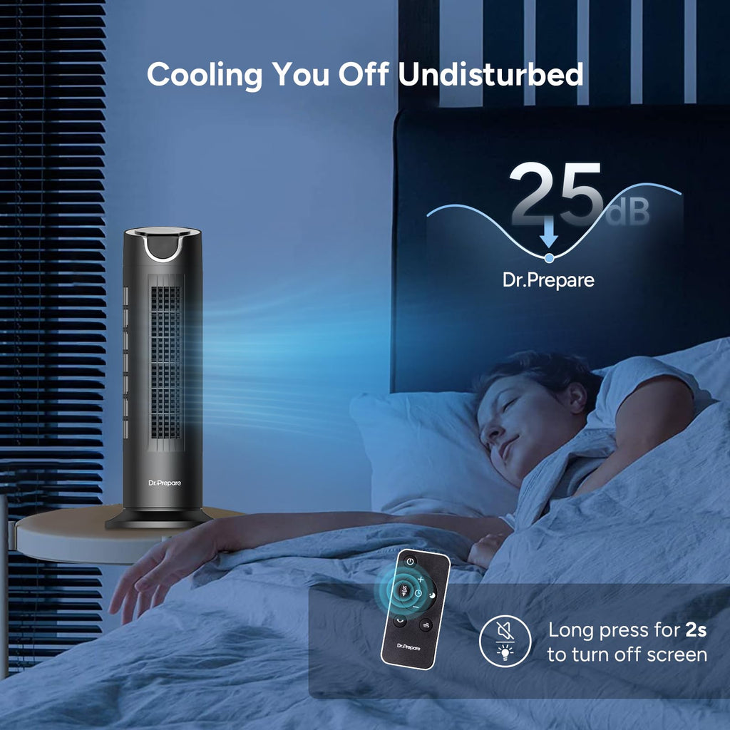 DR.PREPARE Turmventilator mit 12W DC Motor, Tischventilatoren mit Fernbedienung, 25 dB, 7m/s, 8 Geschwindigkeiten, 1–8 Stunden Timer, 80° Oszillierender, Leise Ventilator für Schlafzimmer, Büro