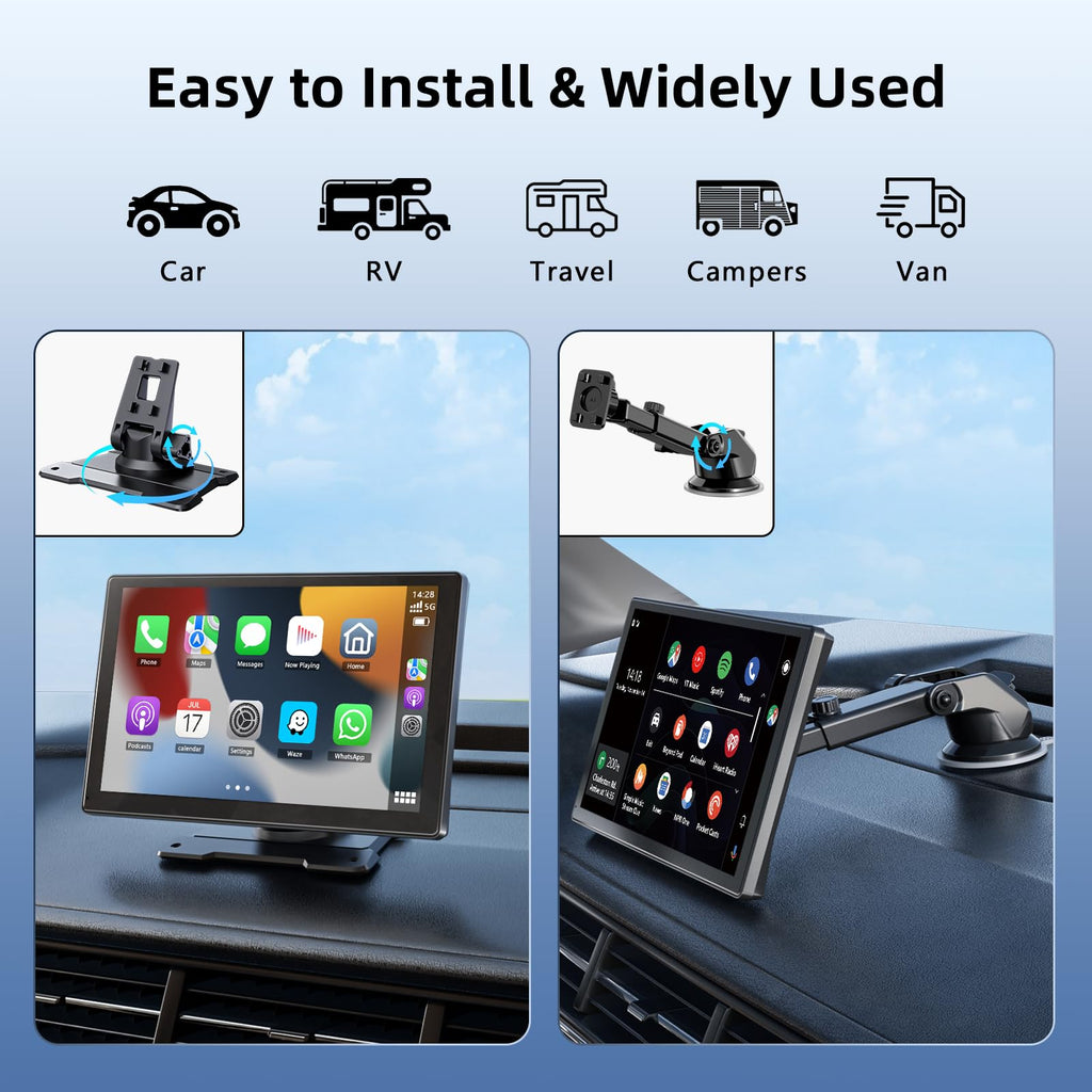 Wireless Carplay Display für Carplay & Android Auto, 9 Zoll Tragbarers Android Auto Display Car Play Bildschirm mit Rückfahrkamera, GPS Navigation, Sprachsteuerung, Bluetooth, Mirror Link, FM, AUX