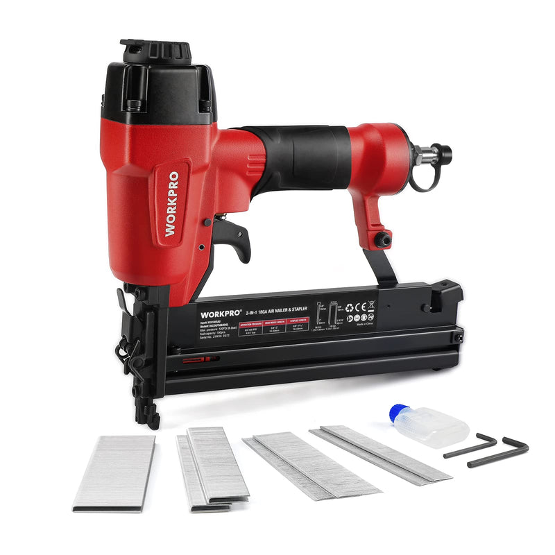 WORKPRO Druckluftnagler Drucklufttacker 2 in 1 inkl. 700 Klammern & Nagel, 9040/F50, max 7,1 bar Profi Druckluftpistole mit Sicherheitsnase für Werkstatt und Haus (Nägel bis 50mm, Klammern bis 40mm)