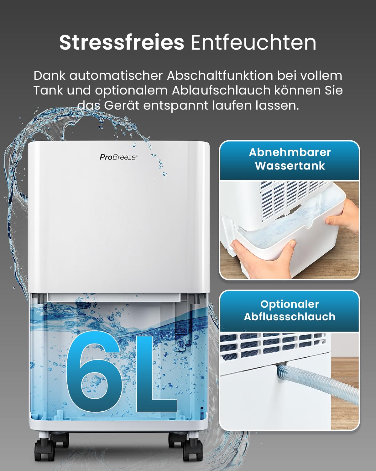 Pro Breeze Luftentfeuchter 6L in 24h Entfeuchtungsleistung - Dehumidifier - Luftentfeuchter elektrisch mit 2L Wassertank, Wäschetrockner, automatischem Feuchtigkeitssensor, Timer - Gegen Schimmel