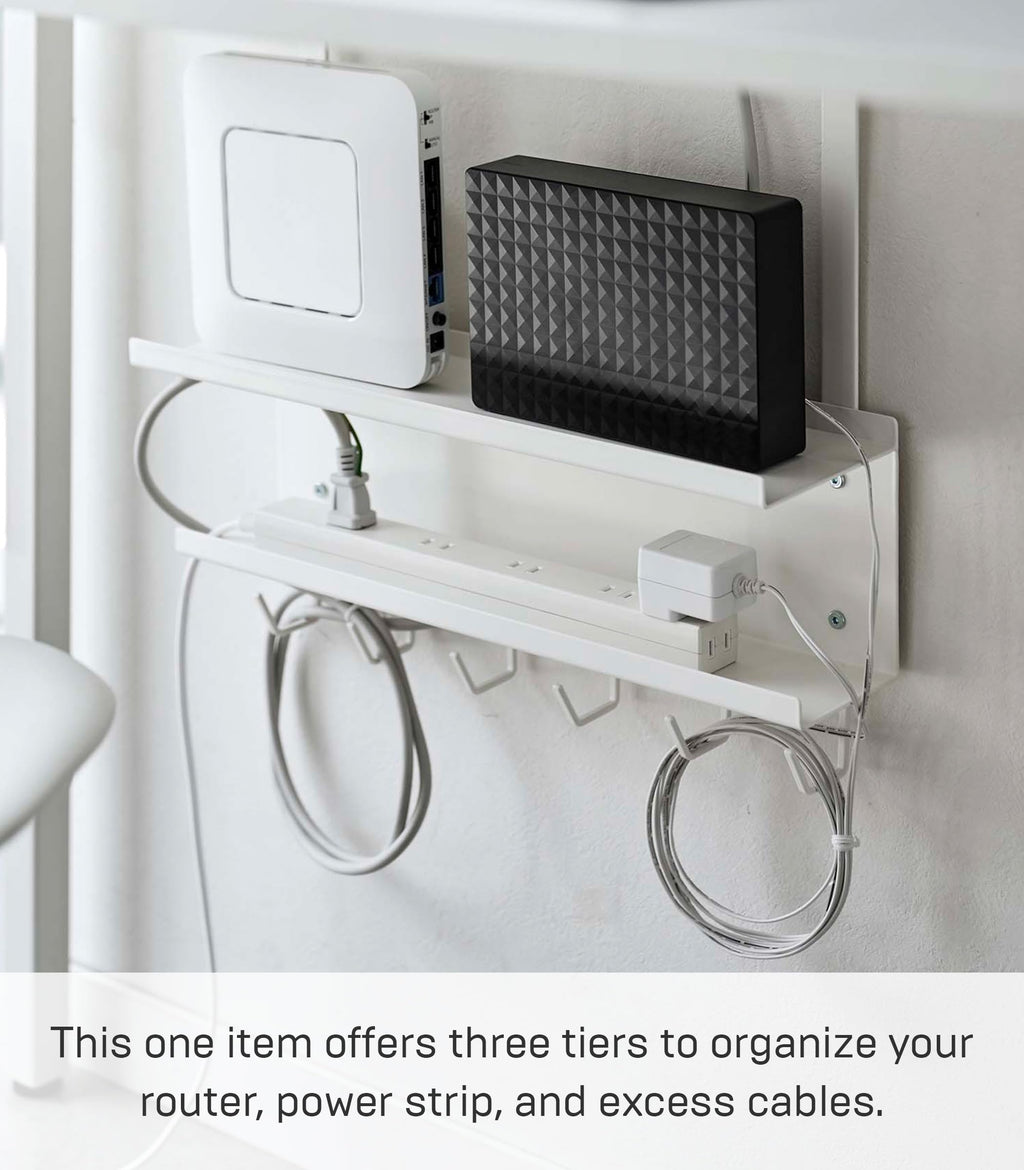 Yamazaki 5461 SMART Untertisch-Organizer für Kabel und Router, weiß, Stahl, minimalistisch, 40 x 11.5 x 43 cm