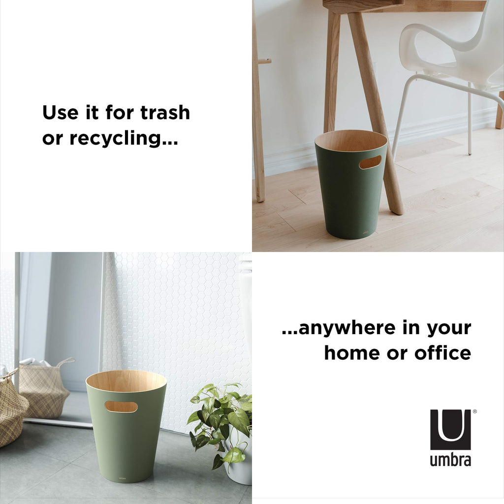 Umbra Woodrow Abfalleimer – Zweifarbiger Holz Papierkorb für Büro, Badezimmer, Wohnzimmer und Mehr, 7,5l Fassungsvermögen, Salbei