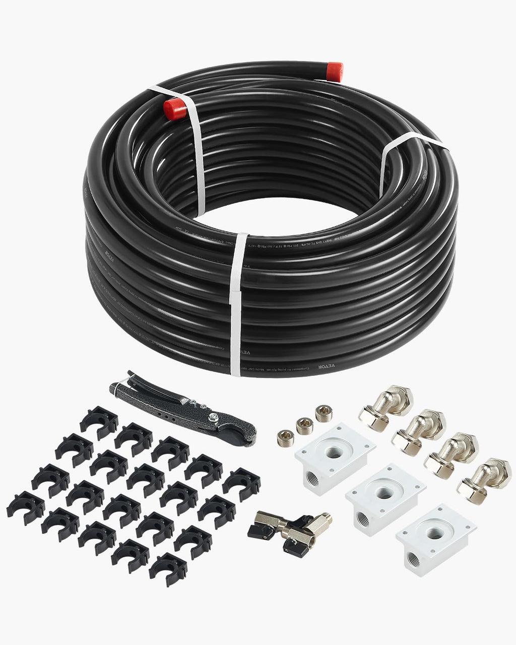 VEVOR Luftkompressor-Leitungssatz, 30,48 m x 19,05 mm Druckluftschlauch, HDPE-Aluminium-Druckluftrohrsystem, auslaufsicher, Druckluftleitungs-Schlauchsatz für Garagen und Werkstätten, schwarz