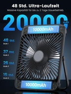 Warmco 20000mAh Akku Camping Ventilator 27cm mit Lampe, 15-48 Std. Laufzeit, Ultra-Leise, Ultraflach, Display, Haken, USB Tischventilator für Zelt, Outdoor, Reisen, Büro, Wohnmobil, Schlafzimmer