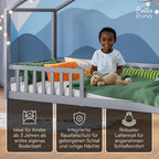 Bellabino Bia Kinderbett 90x200 cm – Bodenbett mit Rausfallschutz & Lattenrost – Hausbett aus Massivholz Kiefer – Montessori Kinder Bett in Hellgrau für Jungen und Mädchen
