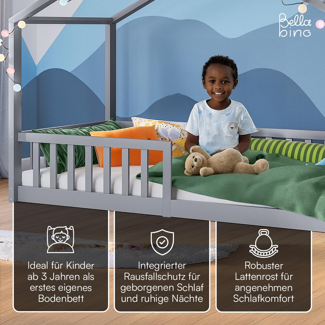 Bellabino Bia Kinderbett 90x200 cm – Bodenbett mit Rausfallschutz & Lattenrost – Hausbett aus Massivholz Kiefer – Montessori Kinder Bett in Hellgrau für Jungen und Mädchen