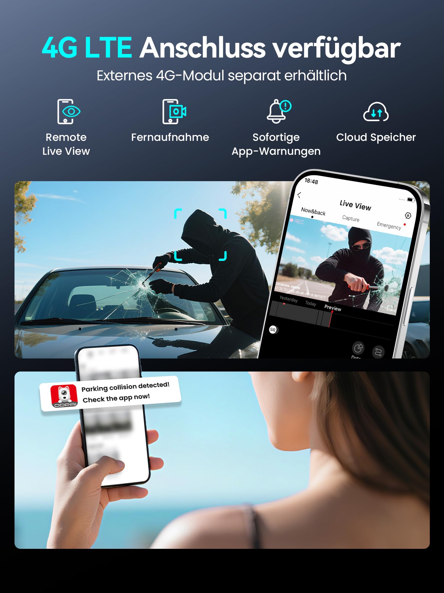 DDPAI Z50 Pro Dashcam Auto Vorne Hinten 4K+1080P, Echtes 4K AI-ISP Nachtsicht Dash Cam, Autokamera mit 64GB Karte, 4G LTE Support, 5GHz WiFi 6 GPS, 48H Parküberwachung, 3" IPS-Display, G-Sensor, ADAS