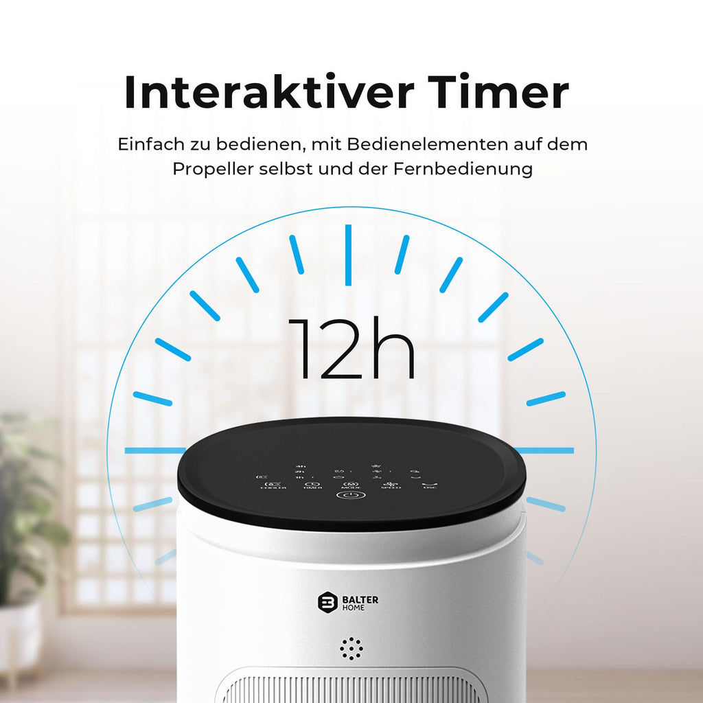 Balter VT-09-WH 5in1 Turmventilator, Ventilator mit Wasserkühlung, Luftkühler, Luftbefeuchter, Luftreiniger, Ionisator, Fernbedienung, Timer, 4L, 55W
