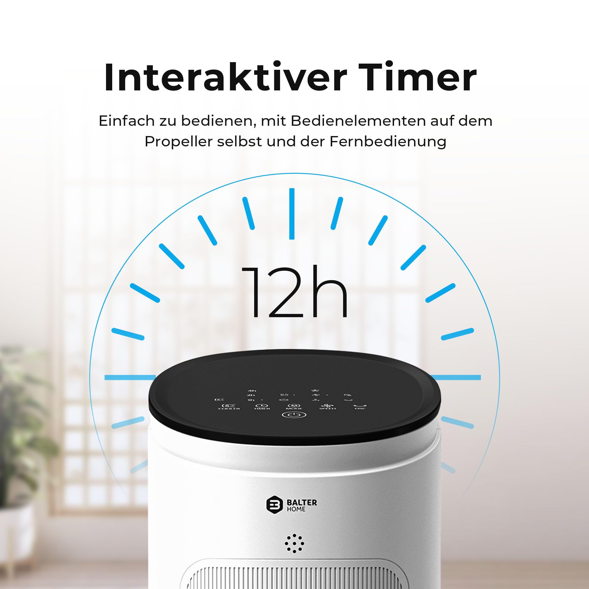 Balter VT-09-WH 5in1 Turmventilator, Ventilator mit Wasserkühlung, Luftkühler, Luftbefeuchter, Luftreiniger, Ionisator, Fernbedienung, Timer, 4L, 55W