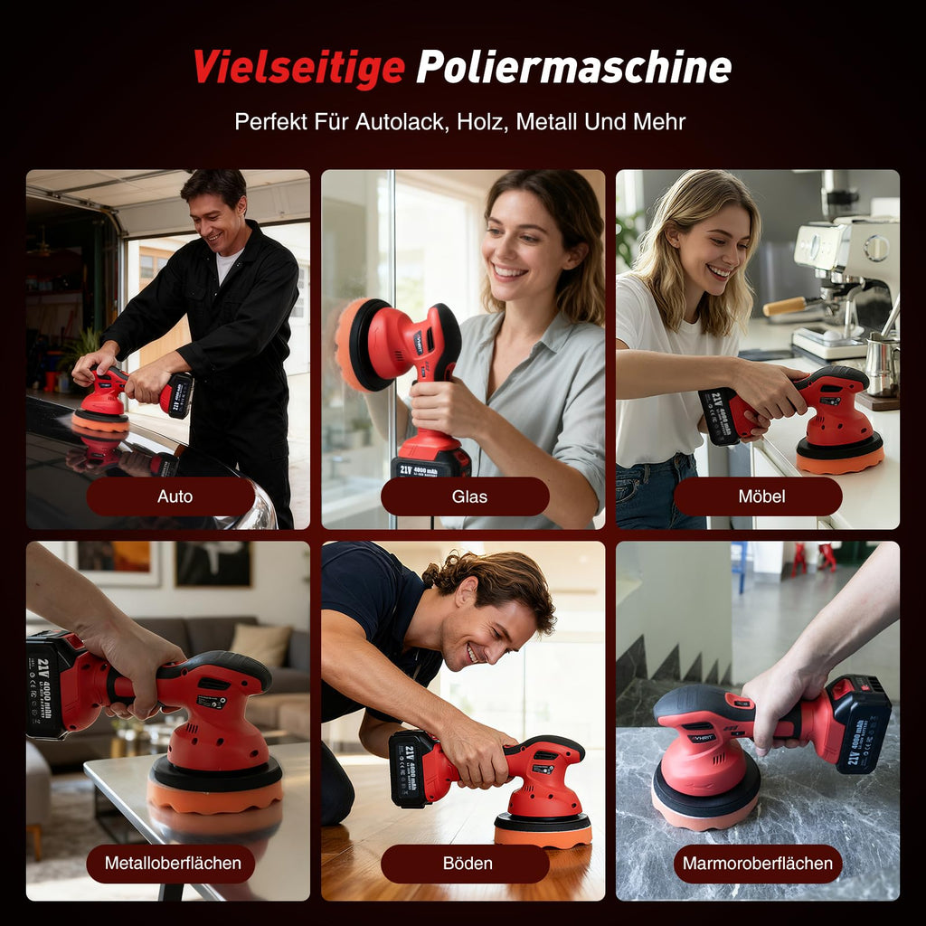 2025 Poliermaschine Auto Akku, 2x4000mAh Batterie (Bis zu 6000 U/min) Poliermaschine Auto, 6'' Autopolierer, 8 mm Exzenter-Poliermaschine für Auto-und Bootspflege, Polieren Wachsen Auto Detaillierung