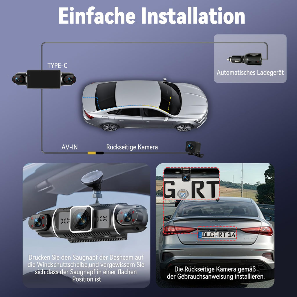 360° Dashcam Auto Vorne Hinten 4 Kanal Dash Cam Auto Kamera FHD 2K+1080Px3,4×140° Weitwinkel,WDR-Nachtsicht (8 IR-LEDs), 3" IPS Display,G-Sensor,24/7 Parkmodus,Loop-Aufnahme, inkl. 64GB SD-Karte, App