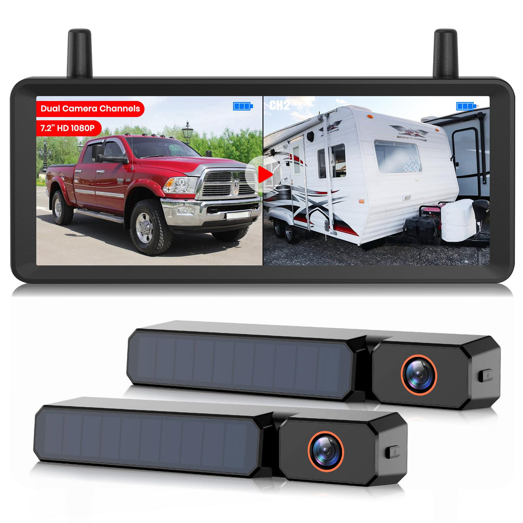 Solar Rückfahrkamera Kabellose 2-Kamera System: 2-Min Installation, 7,2“ 1080P HD Split-Screen Monitor mit Dual-Antennen, Stabile Signal, IP69K wasserdichte Rückfahrkameras für LKW, Wohnmobil, Camper