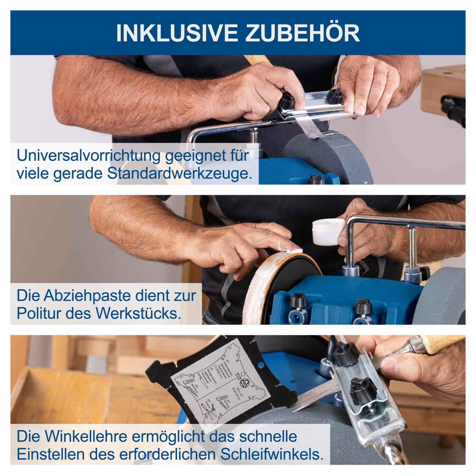 Scheppach Nass-Schleifsystem Tiger 7000s (Nass-Schleifmaschine mit 200W Induktions-Motor, Edelkorund Schleifstein 250 x 50 mm 220 Körnung | inkl. Universalvorrichtung | Abziehpaste & Winkellehre