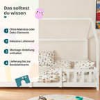 [en.casa] Kinderbett Sisimiut Hausbett Montessori 140 x 200 cm mit Rausfallschutz Holzbett für Kinder Bodenbett Lattenrost Kiefernholz Weiß matt