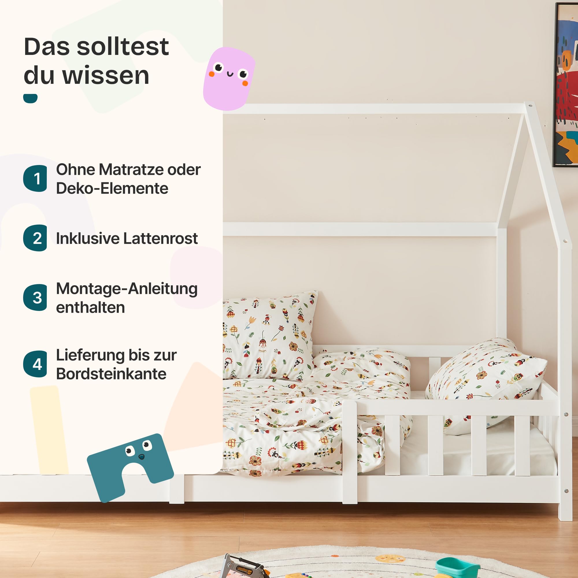 [en.casa] Kinderbett Sisimiut Hausbett Montessori 140 x 200 cm mit Rausfallschutz Holzbett für Kinder Bodenbett Lattenrost Kiefernholz Weiß matt