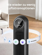Dreo 20dB Leiser Turmventilator, 10 m Wurfweite 4 Geschwindigstufen 4 Modi 8 Std. Timer 90° oszillierende Ventilator mit Kühlung Fernbedienung für Schlafzimmer, Nomad One, Schwarz