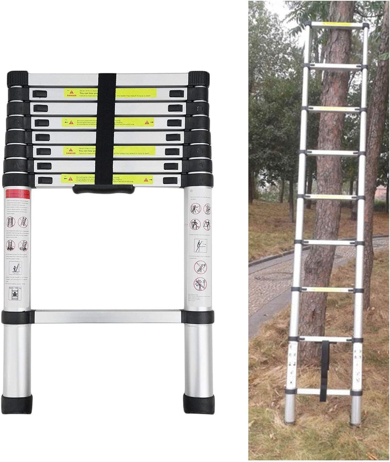Teleskopleiter 2,6M/3,2M/3,8M/4,4M/5M Rutschfester Aluleiter Schiebeleiter Sprossenleiter, aus hochwertigem Aluminium, Ausziehleiter Teleskop-Design Mehrzweckleiter max 150 kg Belastbarkeit Silber
