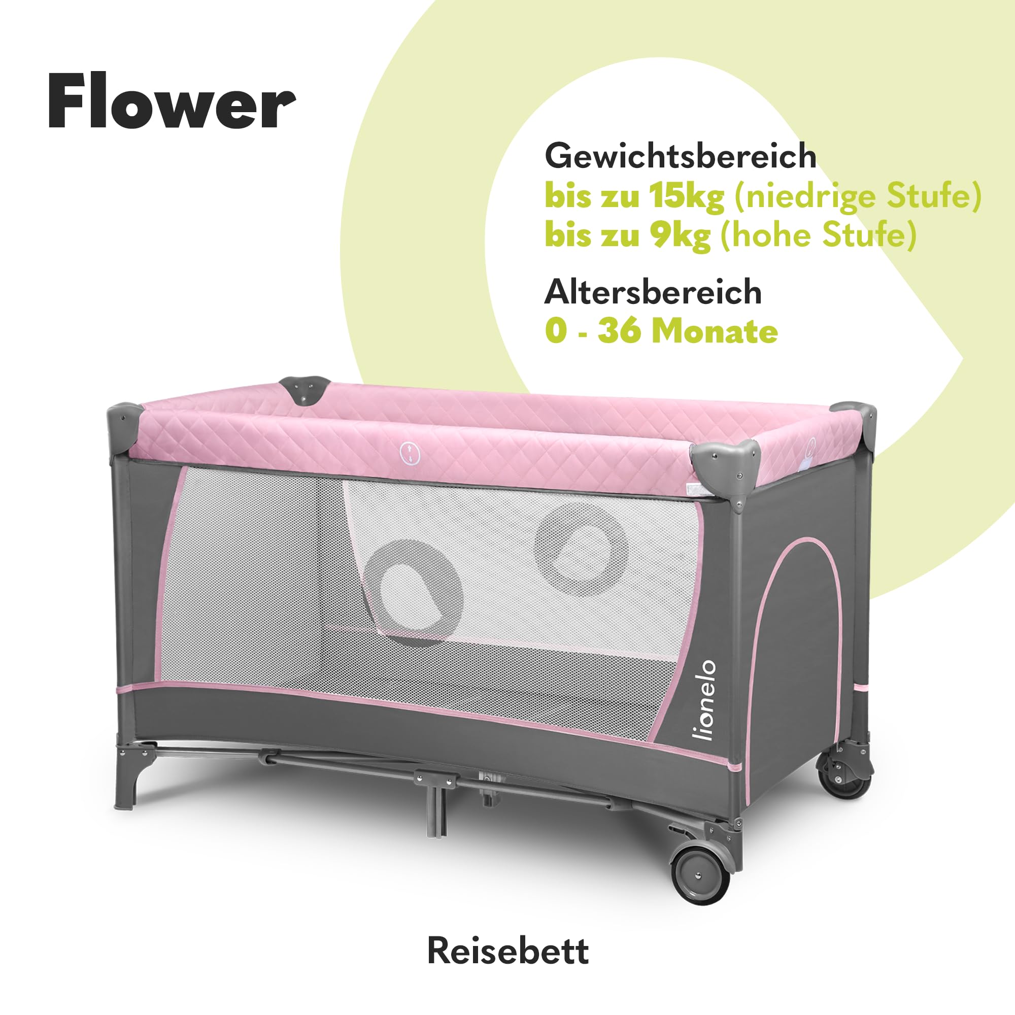 Lionelo Flower 4in1 Reisebett Baby mit Seiteneingang, Wickeltisch, Zwei Matratzenaufhängungshöhen, Spielzeugbogen mit Spielfiguren, Rollen, Tragetasche