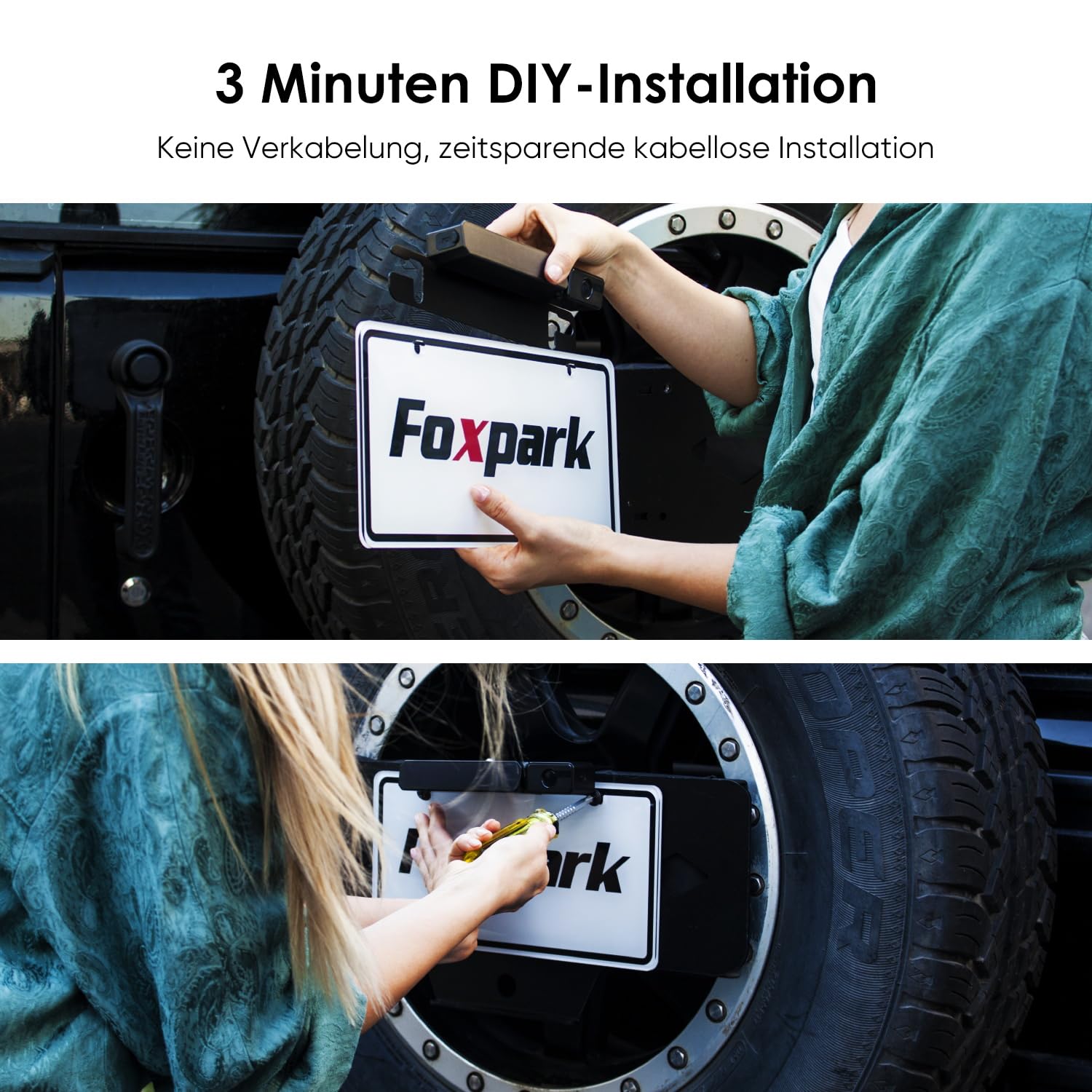 Foxpark Solar Kabellos Digital Rückfahrkamera Set (1080P), 3 Min. DIY Installation, Unterstützt 2 Kameras Funk mit 5" Monitor, IP69K Wasserdicht für Auto, SUV, Van, Wohnmobil