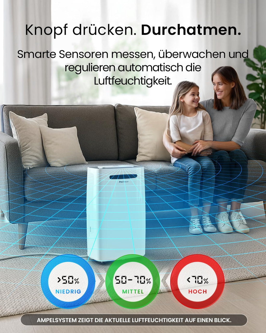 Pro Breeze® 20L/Tag smarter luftentfeuchter elektrisch mit digitalem Feuchtigkeitsanzeiger Schlafmodus Dauerbetrieb Wäschetrocknung und 24h-Timer – Ideal gegen Feuchtigkeit und Kondensation