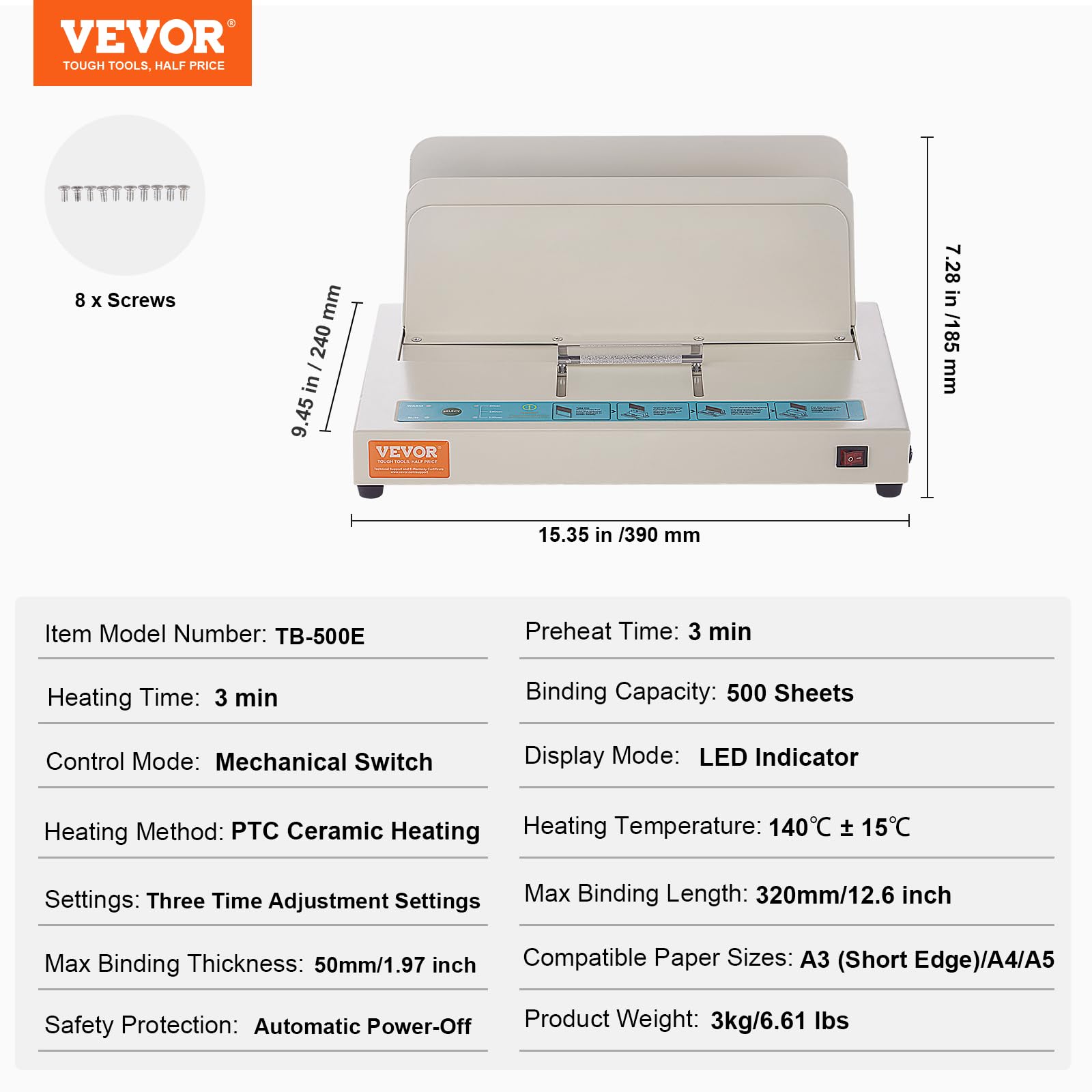 VEVOR Thermobindegerät, Buchbindegerät mit 500 Blatt Kapazität, Thermo-Buchbinder 50 mm Bindestärke für A3 (kurze Kante)/A4/A5-Dokumente mit optischer Infrarot-Erkennung