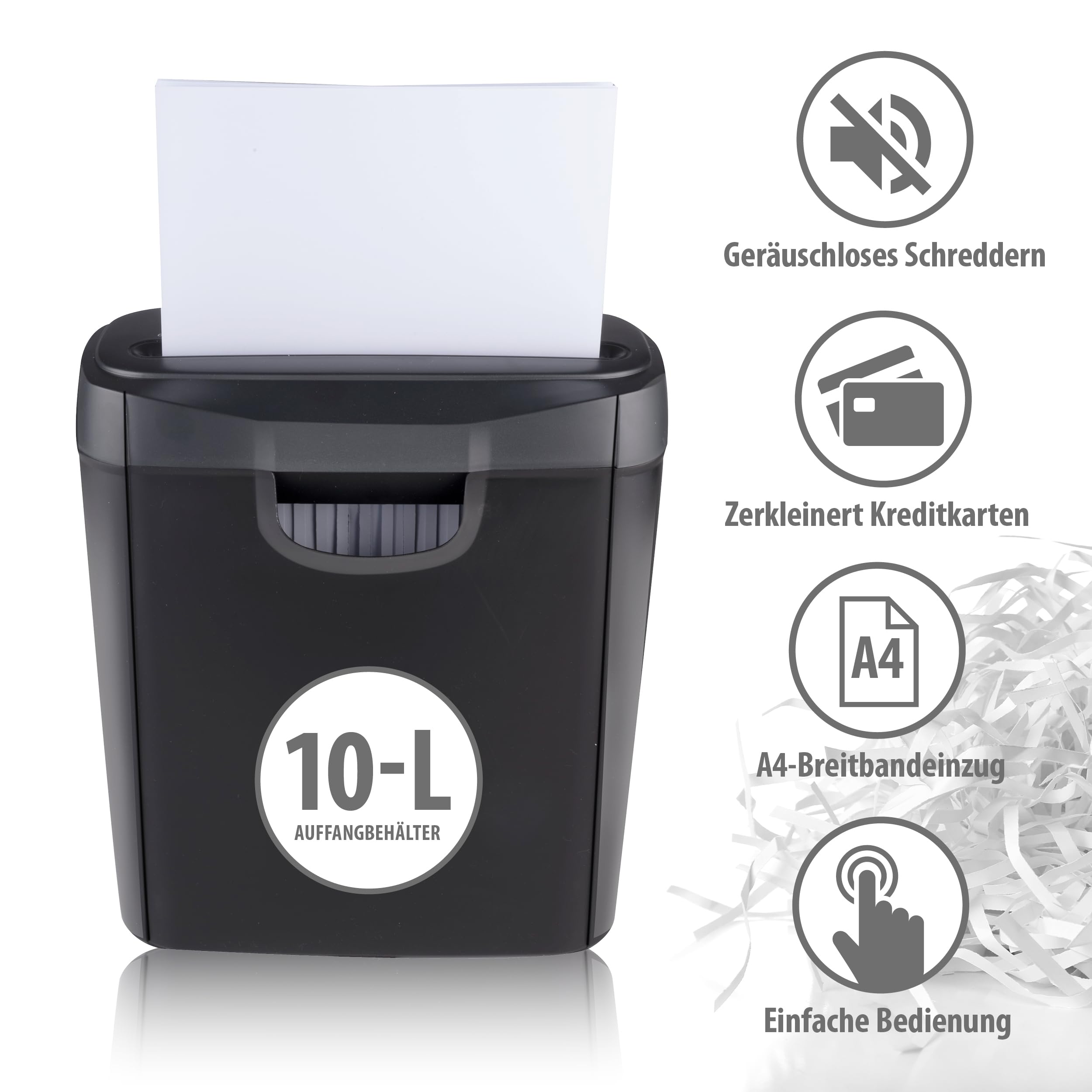 Alpina Aktenvernichter – Papiershredder für Zuhause und Büro – Shredder Zerstört Kreditkarten – Zerkleinern Sie 6 A4-Blätter auf Einmal - 10L Behälter – 190W Leistung – Schwarz
