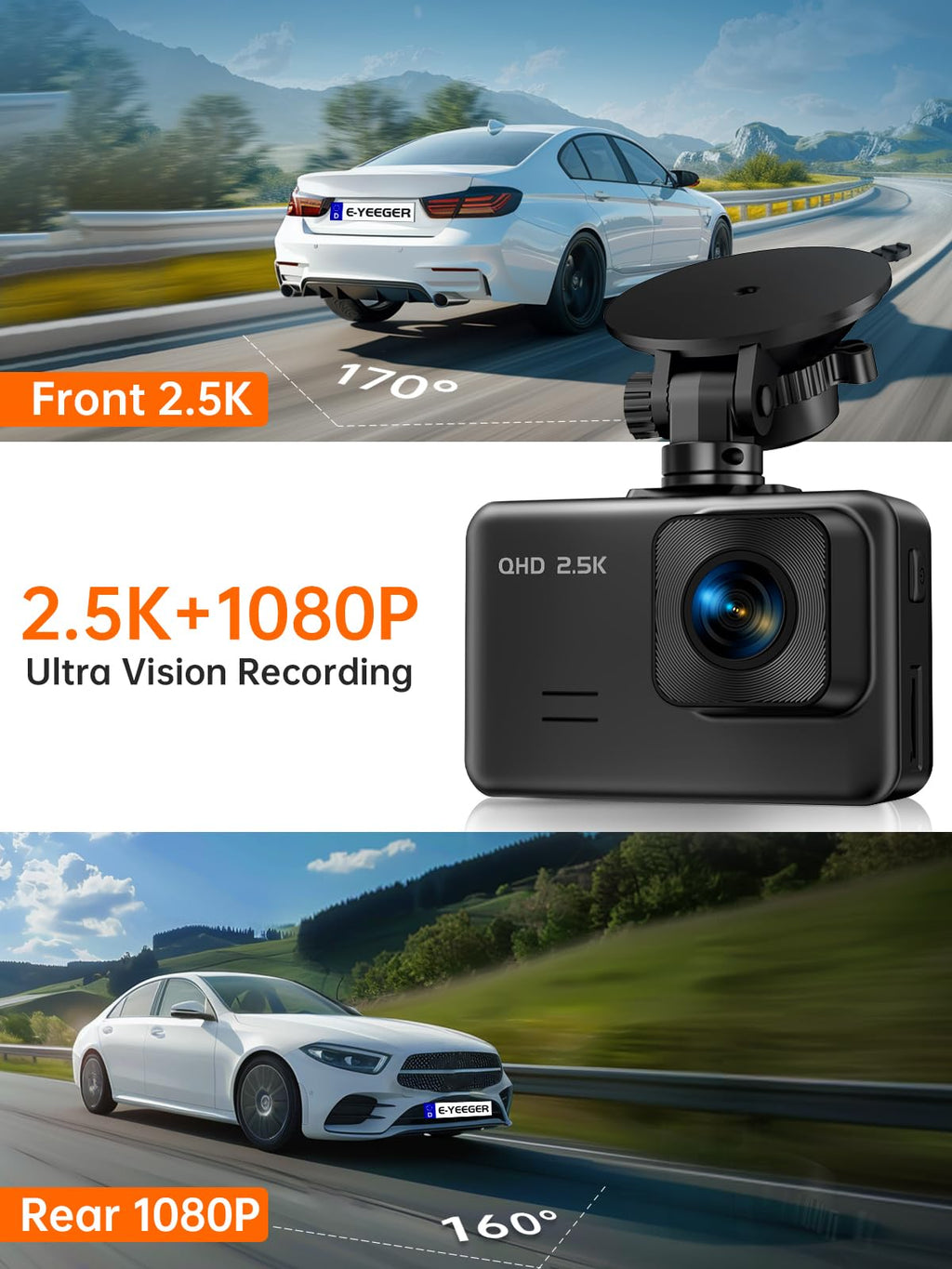 Dashcam Auto Vorne Hinten, 2" IPS-Bildschirm Mini Auto Kamera, 2,5K+1080P Full HD Dash Cam für Autos mit G-Sensor, 170°Weitwinkel, 24H Parküberwachung, Loop-Aufnahme, Nachtsicht, 32-GB-Karte