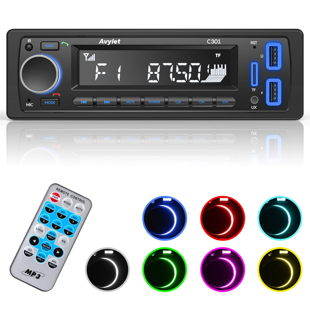 Avylet 7 LED-Farben, Auto-Stereo-Freisprecheinrichtung, Bluetooth 5.0, Autoradio, Stereo und Uhr, 4 x 60 W, FM-Radio, USB/AUX-In, MP3/WMA/WAV/SD, MP3-Player, kabellose Fernbedienung