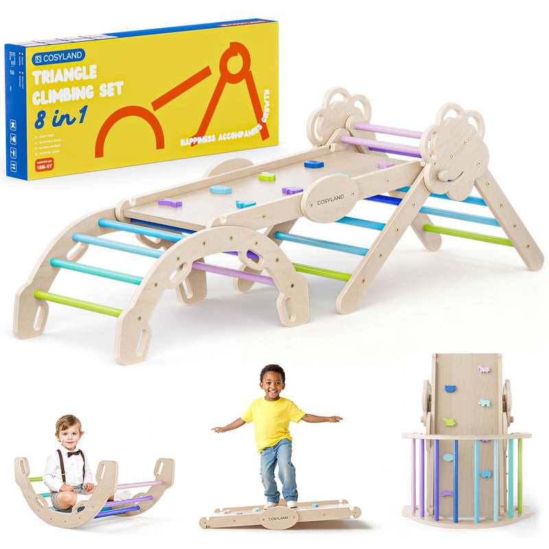 COSYLAND Klettergerüst Indoor L – Großes Kletterdreieck Set mit Kletterbogen & Rutsche – 8-in-1 Massivholz-Spielplatz für Kinder ab 18 Monaten – Kaltfarben