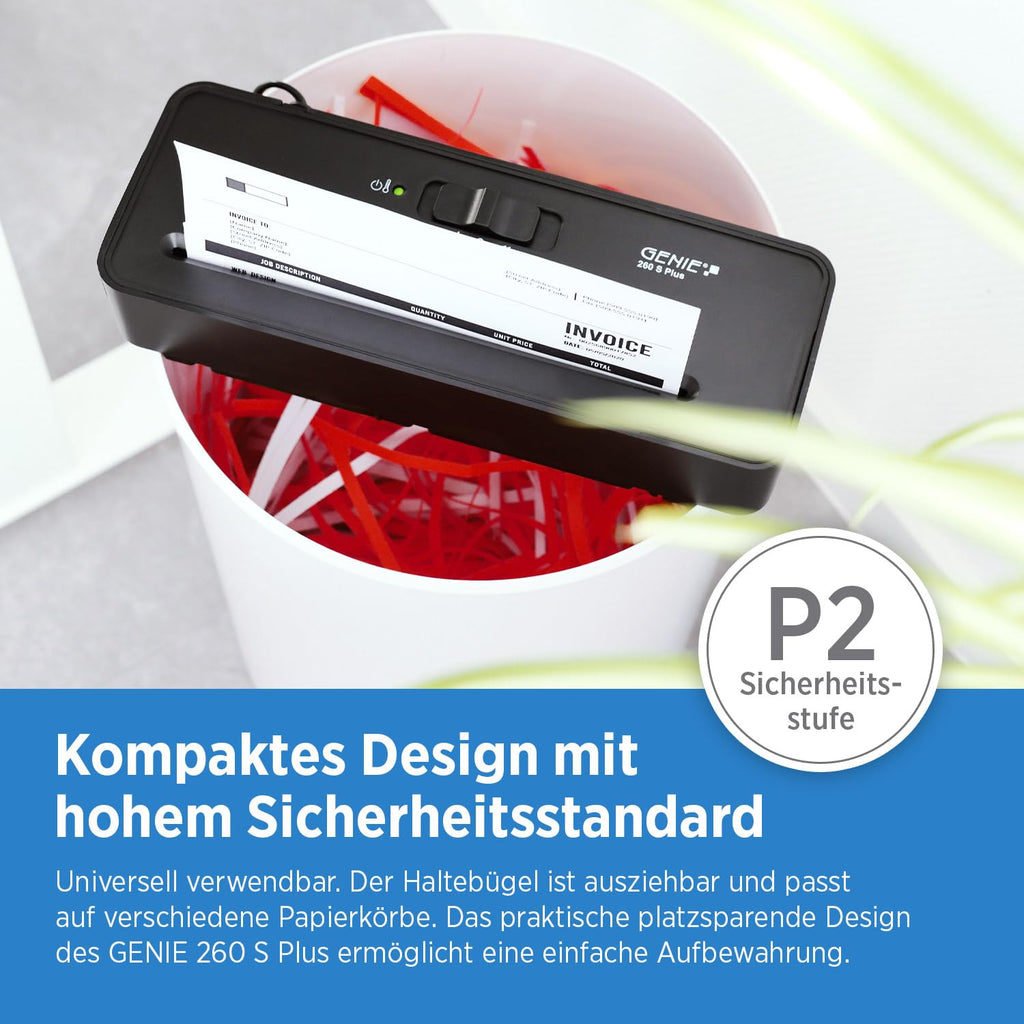 GENIE 260 S Plus Aktenvernichter | Papierschredder mit 6-mm Streifenschnitt | Schredder Aktenvernichter für Zuhause | Shredder Papier kompakt | Mit universal Aufsatz | Paper Shredder