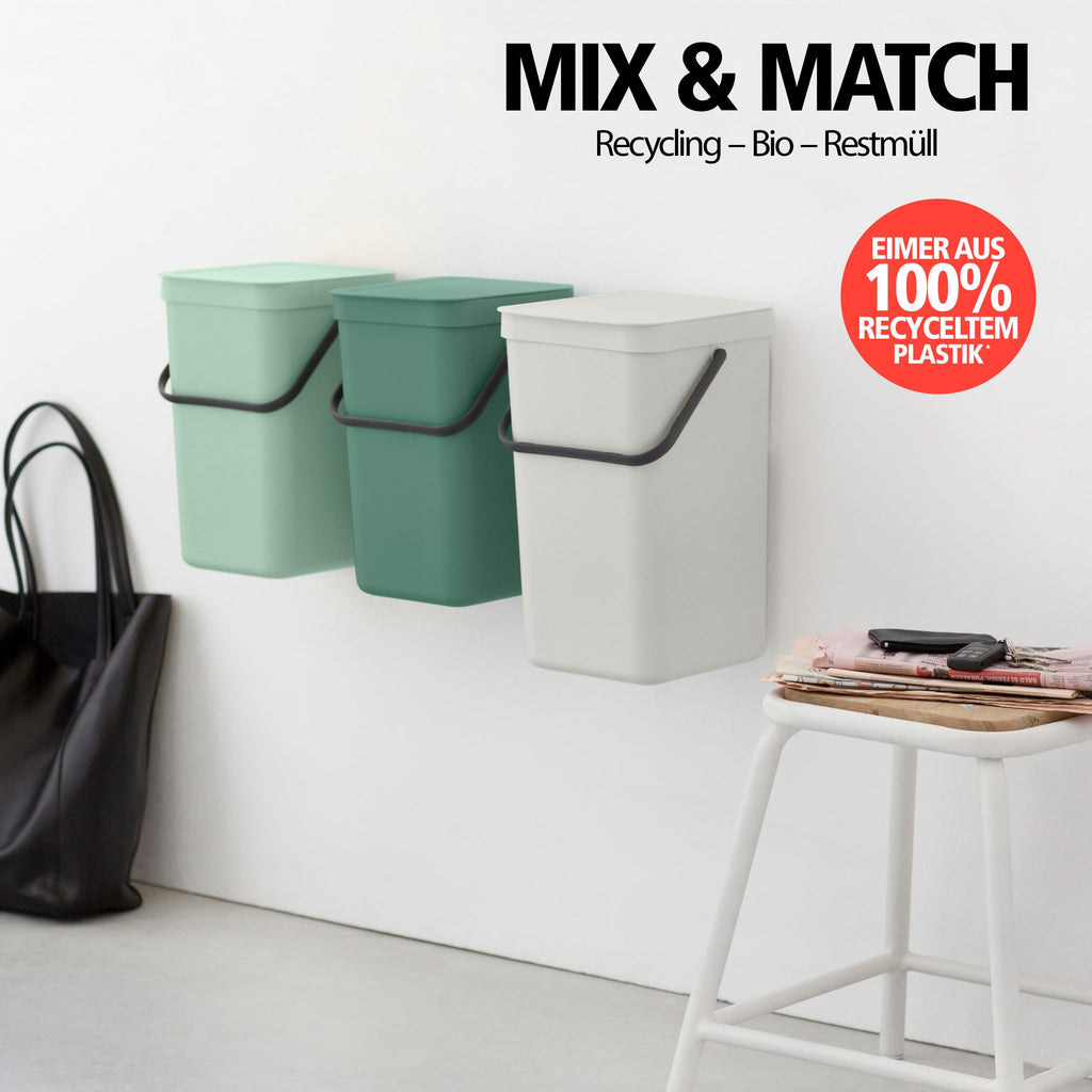 Brabantia Sort & Go Abfalleimer mit Deckel 6 L (grau), platzsparender Biomüll Behälter mit Griff, abnehmbarer, feststellbarer Deckel, leicht zu reinigender kleiner Mülleimer ohne Ecken und Ränder