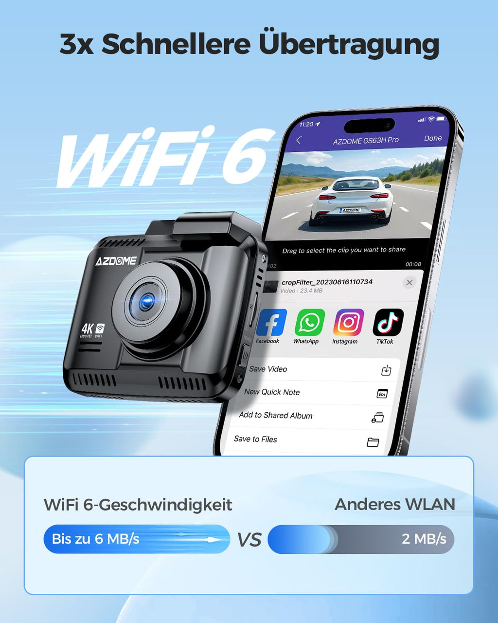 AZDOME Dashcam Auto Vorne Hinten 4K/2,5K GPS WiFi Dash Cam Auto mit Starvis, 64GB SD Karte, Auto Kamera, Parküberwachung, Super Nachtsicht, WDR, 170° Weitwinkel, G-Sensor, Loop-Aufnahme, GS63H Pro