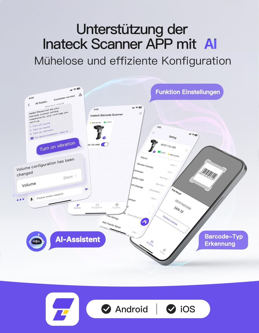 Inateck Barcode Scanner 2D Bluetooth, Kabellose QR Code Scanner, Wireless Handscanner mit AI APP & SDK, 1 Ladung 180 Tage Standby, Automatisches schnelles und präzises Scannen, BCST-72