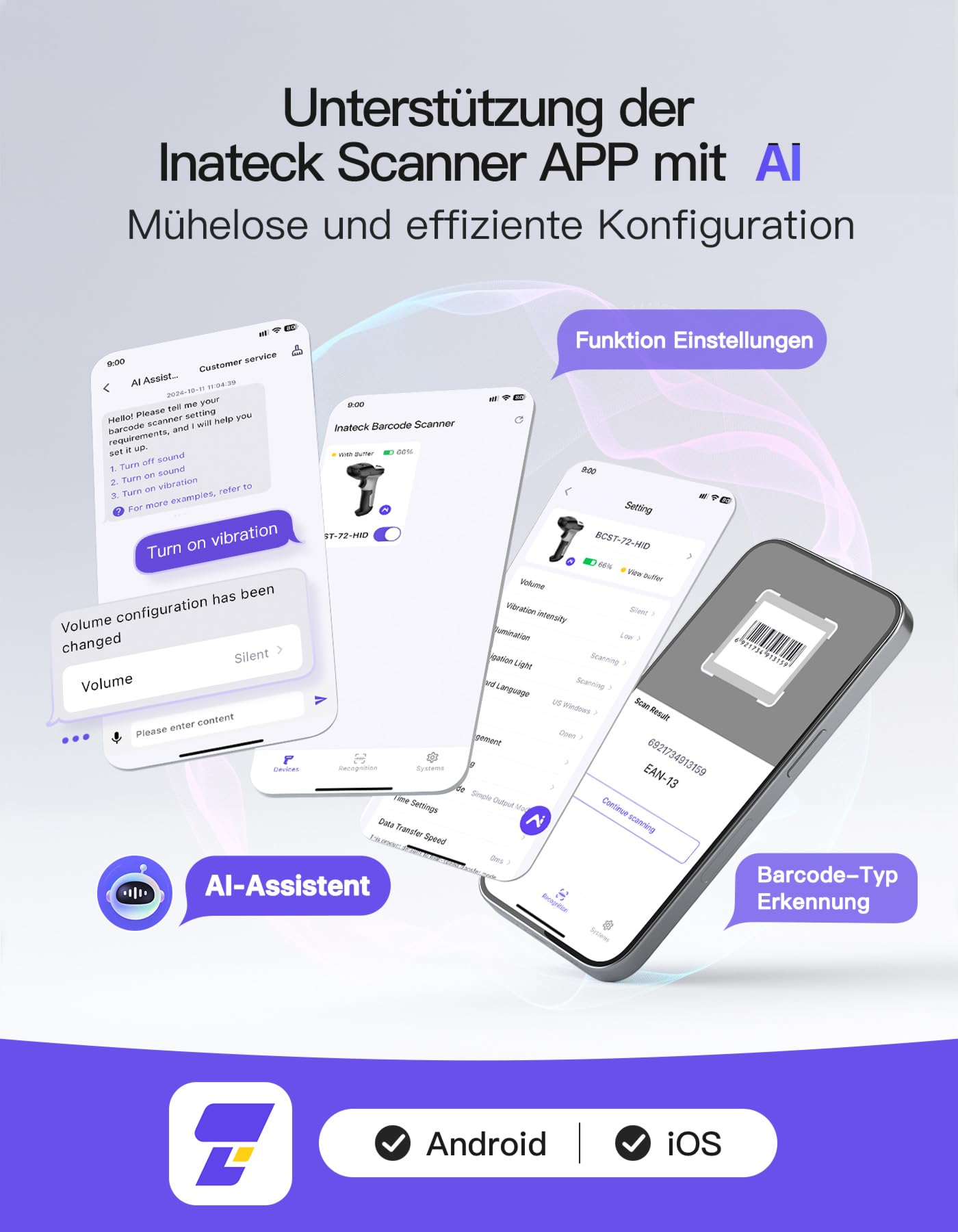 Inateck Barcode Scanner 2D Bluetooth, Kabellose QR Code Scanner, Wireless Handscanner mit AI APP & SDK, 1 Ladung 180 Tage Standby, Automatisches schnelles und präzises Scannen, BCST-72