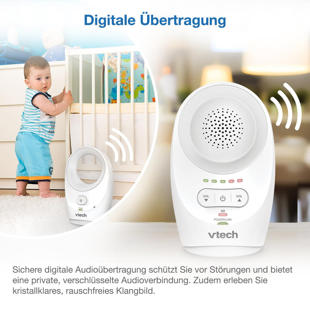 VTech BM1120 Baby-Audioüberwachungsgerät, klare Tonübertragung und Sicherheit, Lange Reichweite, 5-stufige LED-Lautstärkeanzeige, Gürtelclip, wiederaufladbare Batterien