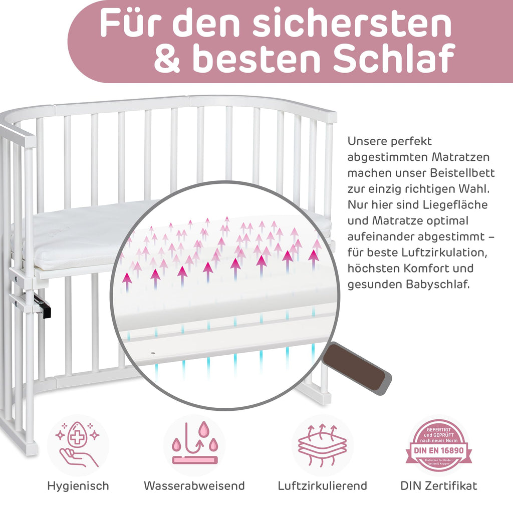 babybay Original Beistellbett aus massivem Buchenholz/kompakt & verwandelbar/Kinderbett Höhe stufenlos verstellbar/mitwachsendes Babybett (weiß lackiert) / inkl. Matratze, Gitter, Rollen