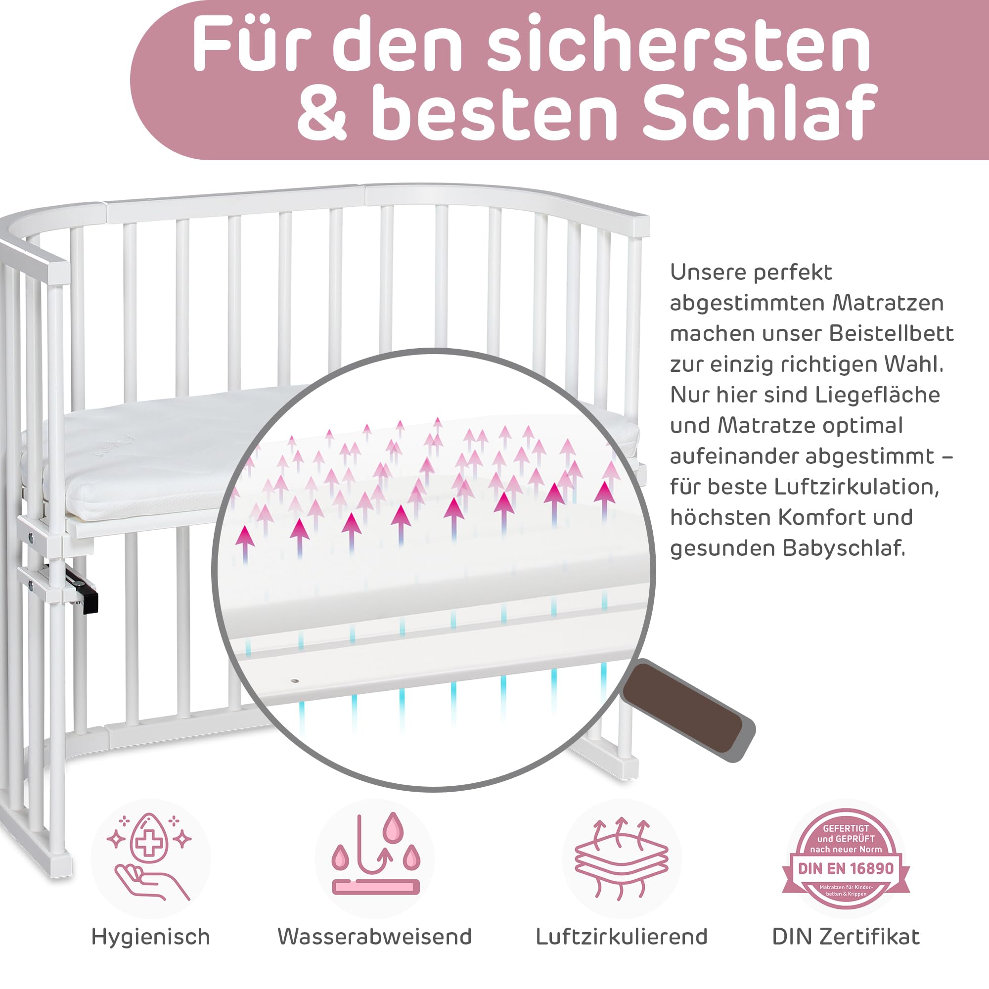 babybay Original Beistellbett aus massivem Buchenholz/kompakt & verwandelbar/Kinderbett Höhe stufenlos verstellbar/mitwachsendes Babybett (weiß lackiert) / inkl. Matratze, Gitter, Rollen