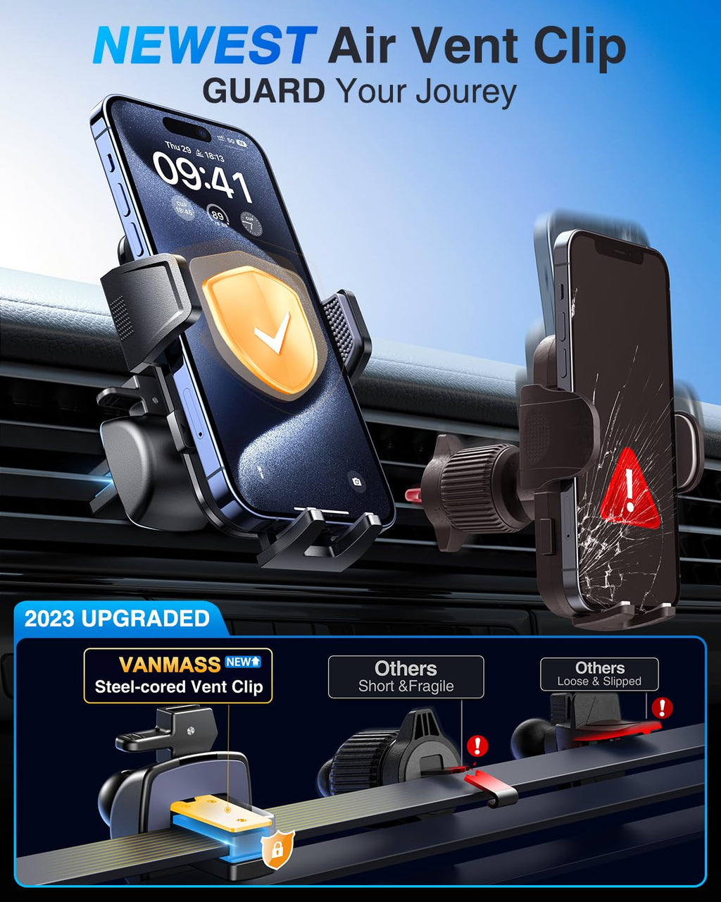 VANMASS 2025【True Militär-Klasse】 Handyhalterung Auto【Upgrade Super Saugnapf & Clip 】 4 in 1 Handy Halterung Auto Handyhalter Armaturenbrett Scheibe Lüftung Zubehör Kohlefaser Blue