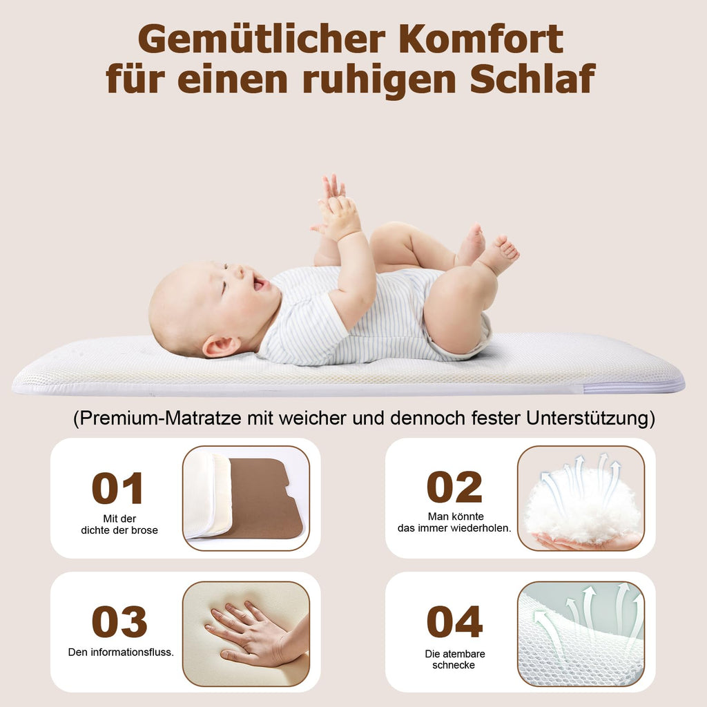 SANEWE Beistellbett Babybett - Stubenwagen Baby Bett mit Rollen Federwiege für Babys - Reisebett Set - Ausziehbares Kinderbett - Sicherer Schlafplatz für Kleinkinder