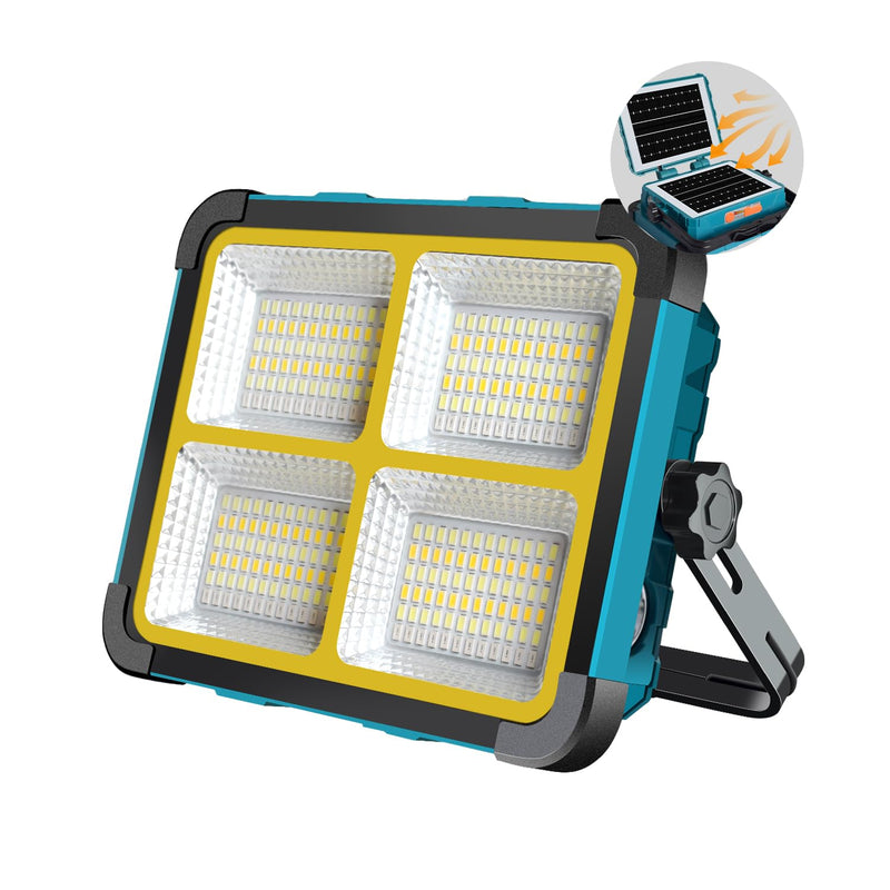Eraylife LED Baustrahler Akku 100W mit Doppeltem Solarpanel, Tragbare LED Strahler Akku 12000mAh, 5 Modi/ 288 LEDs/ IP66/ Abstimmbar Arbeitsleuchte für Notfälle, Baustelle, Garage, Camping