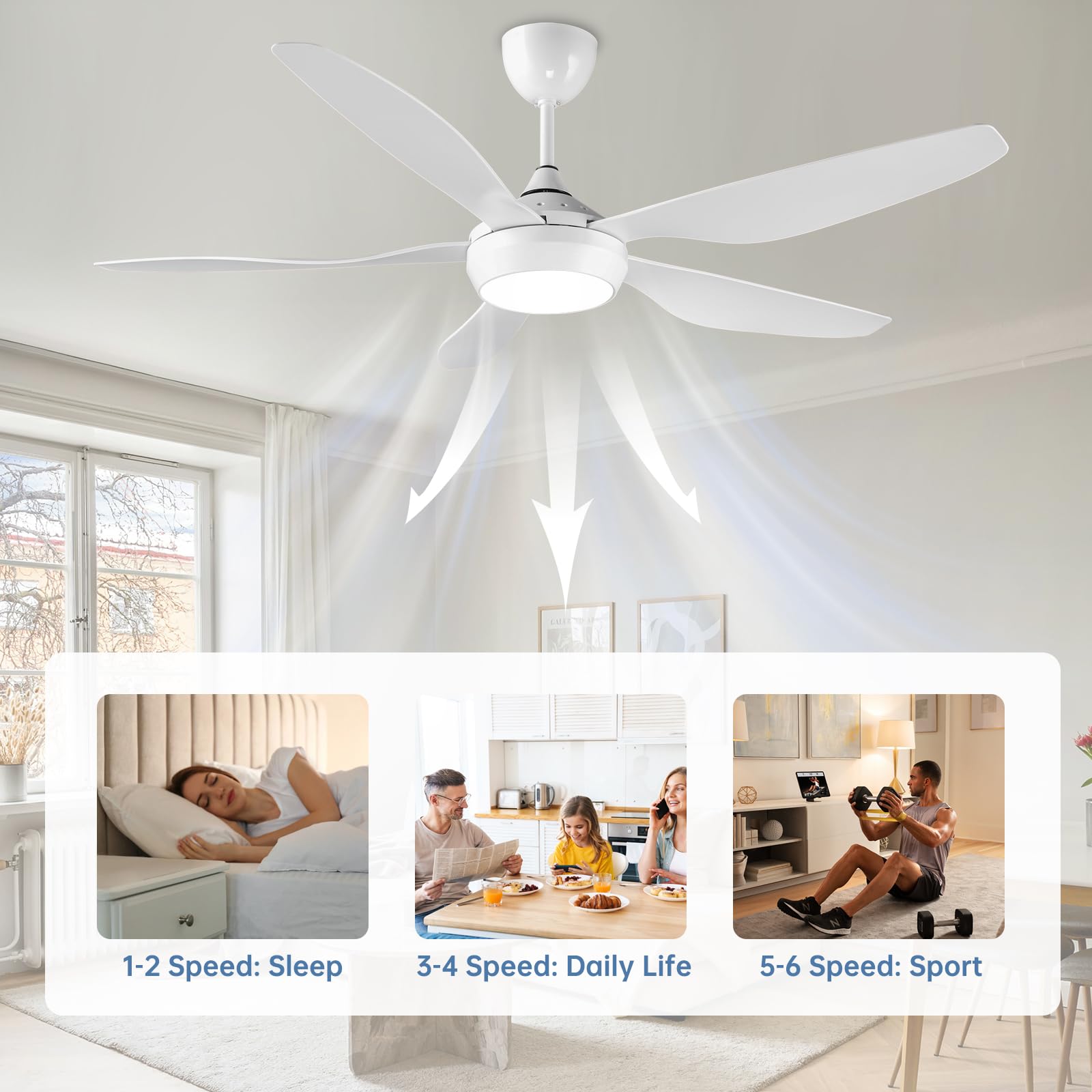 reiga Deckenventilator mit dimmbarer LED Beleuchtung und Fernbedienung, 137 cm Deckenventilatoren 5 Flügel, Kompatibel mit Smart App Alexa - Weiß