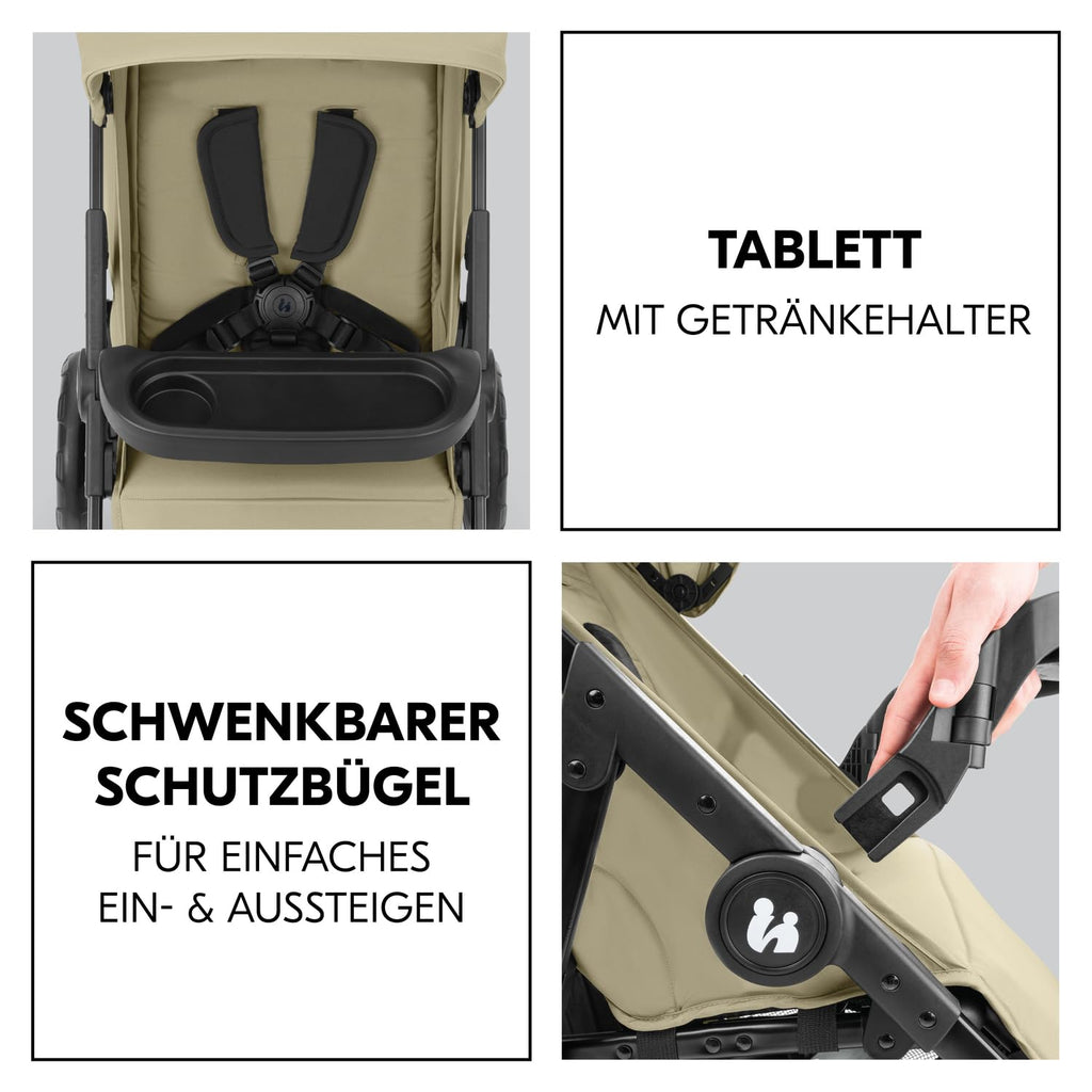 hauck Shop N Care, Olive - Kinderbuggy mit Liegefunktion ab Geburt bis 22 kg, Becherhalter und Snack Tablett, Klein Zusammenklappbar, UV Schutz 50+, XL Korb bis 3 kg