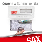 Sax Aktenvernichter Bruno – Partikelschnitt 3x18mm, Schreddert Papier, CDs & Karten, 220mm Zuführungsöffnung, 2 Blatt A4 Kapazität, 3,5L Behälter, Leise bis 70dB, Ideal für Büro & Home-Office