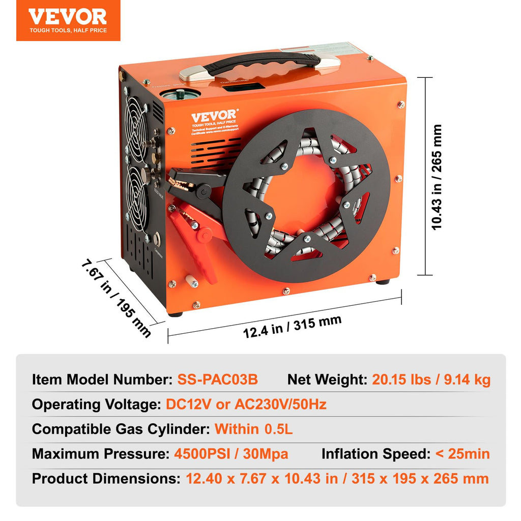 VEVOR Tragbarer PCP Kompressor 300bar 350 W Tauchkompressor, 0,5 L Hochdruck Luftkompressor, 8 mm Mobiler Mehrzweckkompressor, 2700 U/min Flüsterkompressor Auto-Stopp, Atemluftkompressor 220 V AC