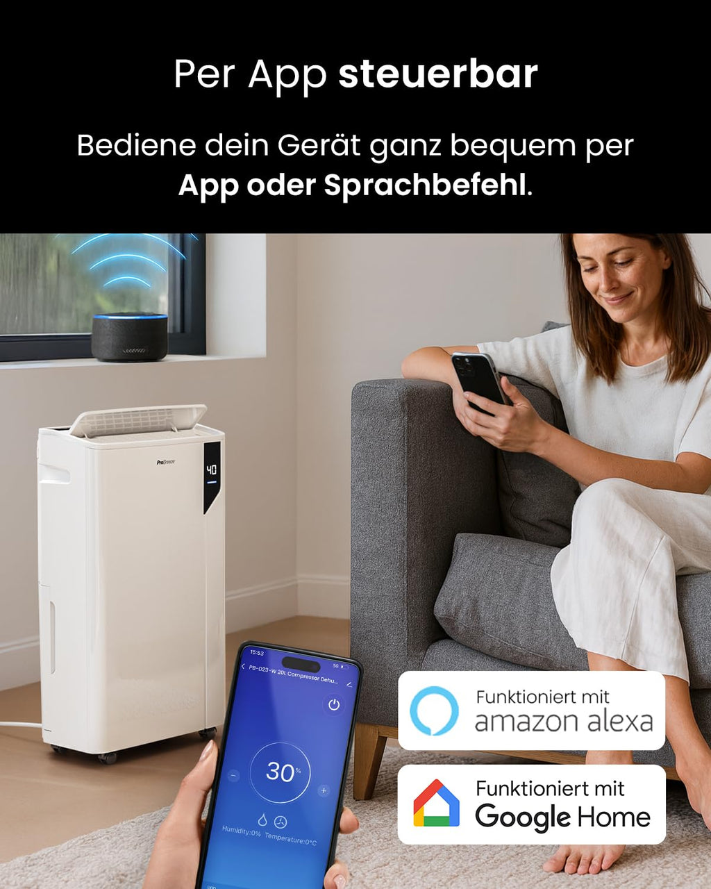 Pro Breeze 20L Smart Luftentfeuchter elektrisch - Luftentfeuchter mit Kompressor, Smart App Steuerung, Feuchtigkeitssensor, Luftfilter, Wäschemodus, Timer - Gegen Schimmel - Entfeuchter für bis 35m²