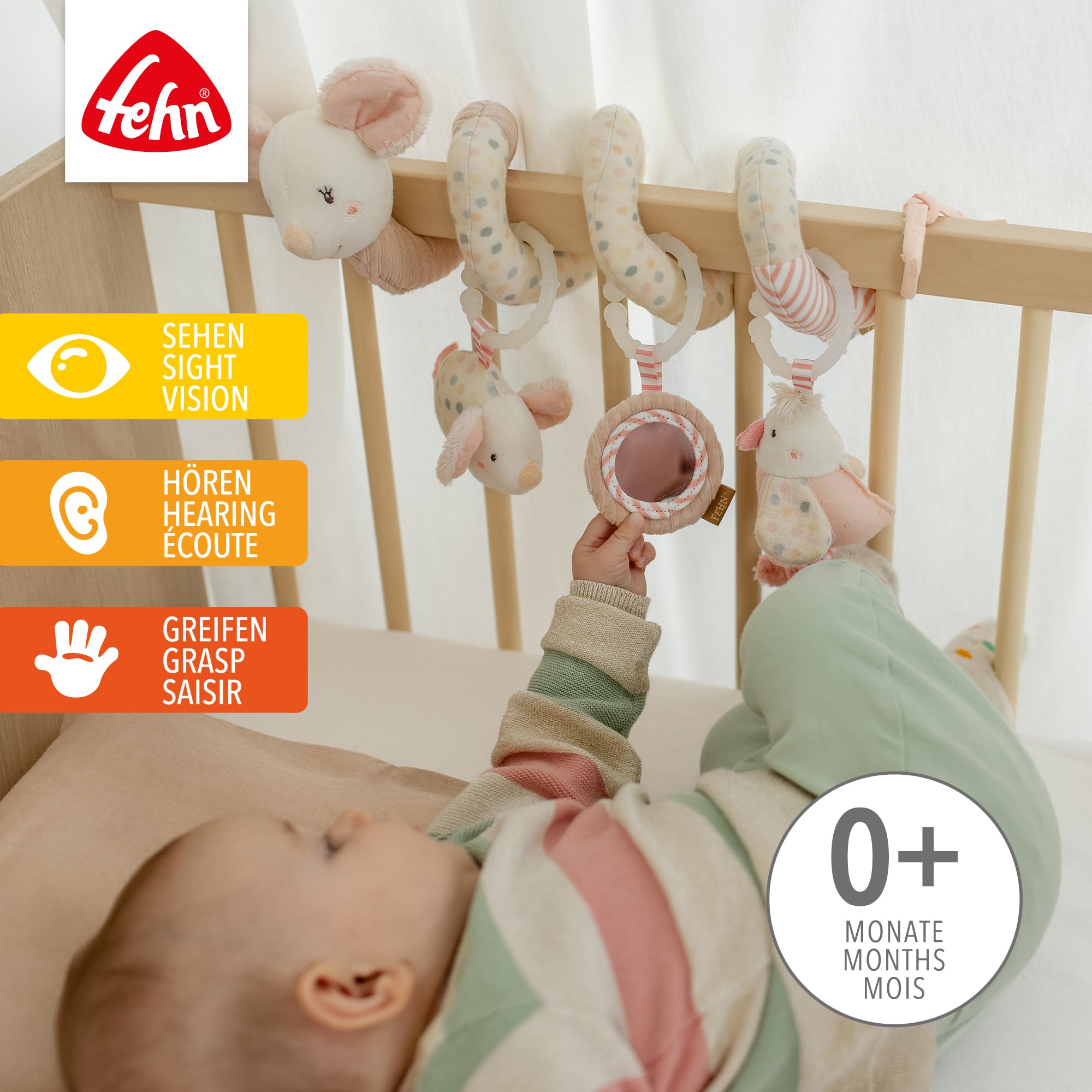Fehn Activity-Spirale Maus – Motorikspielzeug mit Lernfunktionen zum Tasten, Fühlen, Spielen – Stoff-Spirale fördert Greifen, Tastsinn & Motorik – für zuhause & unterwegs, für Babys ab Geburt