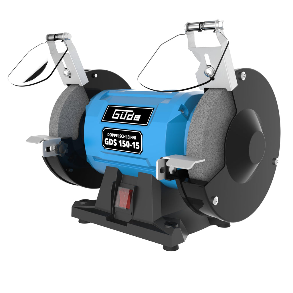 Güde Doppelschleifer GDS 150-15 (250 W, 2980 1/min Motordrehzahl, Grob- & Feinschleifscheibe 36|60 K, 150 mm ø, stabiler Maschinenfuß, kugelgelagerte Schleifachsen, verstellbare Arbeitsauflagen), Blau