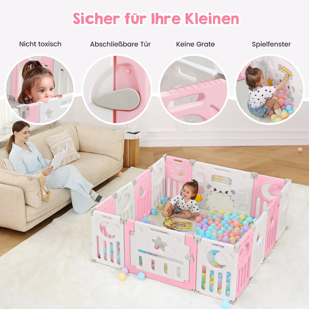 Dripex Laufstall Baby faltbar 150x150x62cm (14 Paneele) mit Spielboard, Laufgitter Baby, Kinderlaufstall & Babyzaun aus strapazierfähigem Plastik, Playpen für Innen & Außen, Rosa