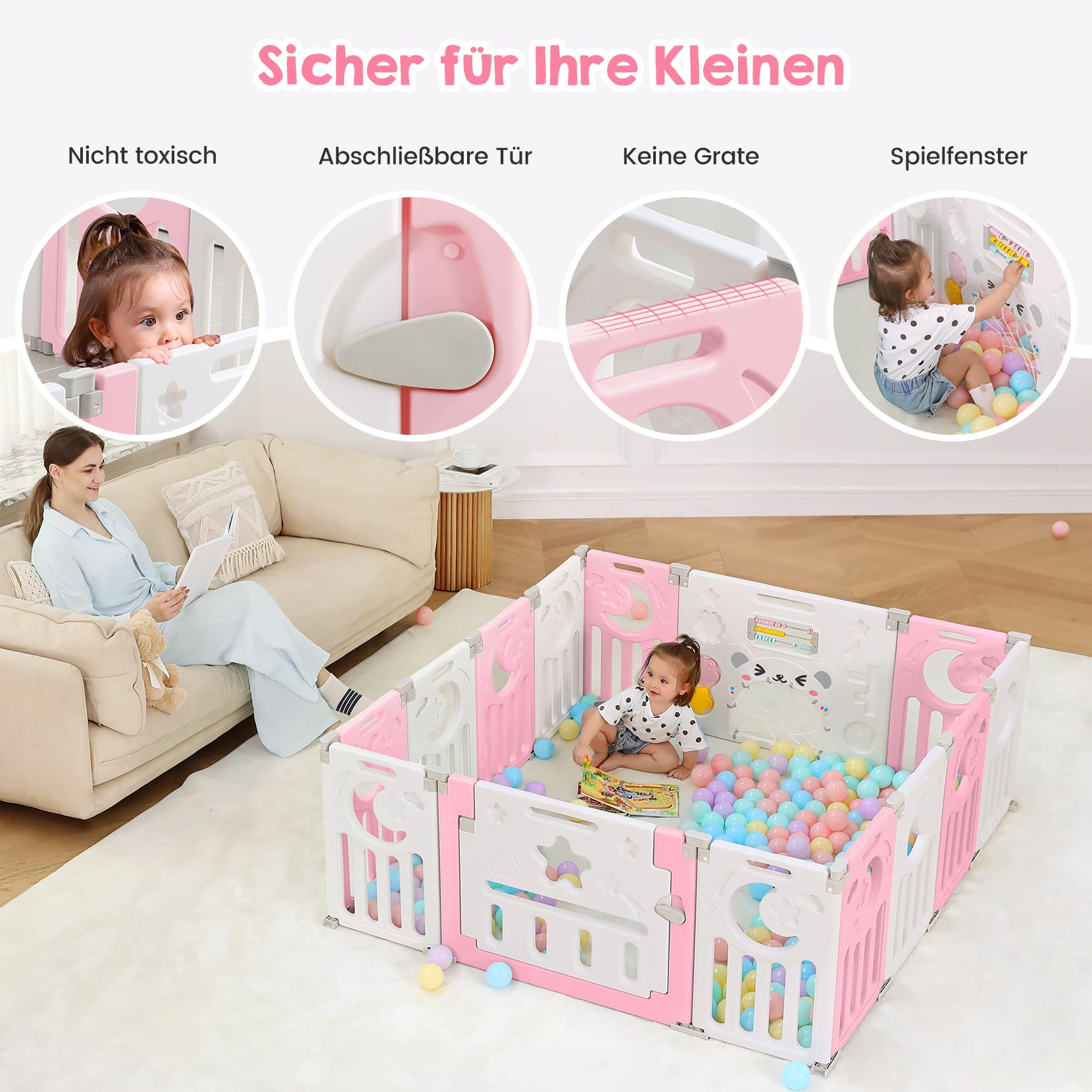 Dripex Laufstall Baby faltbar 150x150x62cm (14 Paneele) mit Spielboard, Laufgitter Baby, Kinderlaufstall & Babyzaun aus strapazierfähigem Plastik, Playpen für Innen & Außen, Rosa