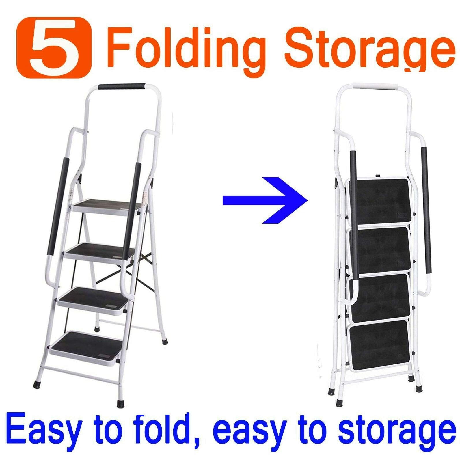 4 Stufen Klappleiter mit Handlauf Trittleiter Klappbar Tragbare kompakte Leiter Rutschfeste Matte Einfache Aufbewahrung Stehleiter für Home Kitchen Office DIY 150 kg max Belastung